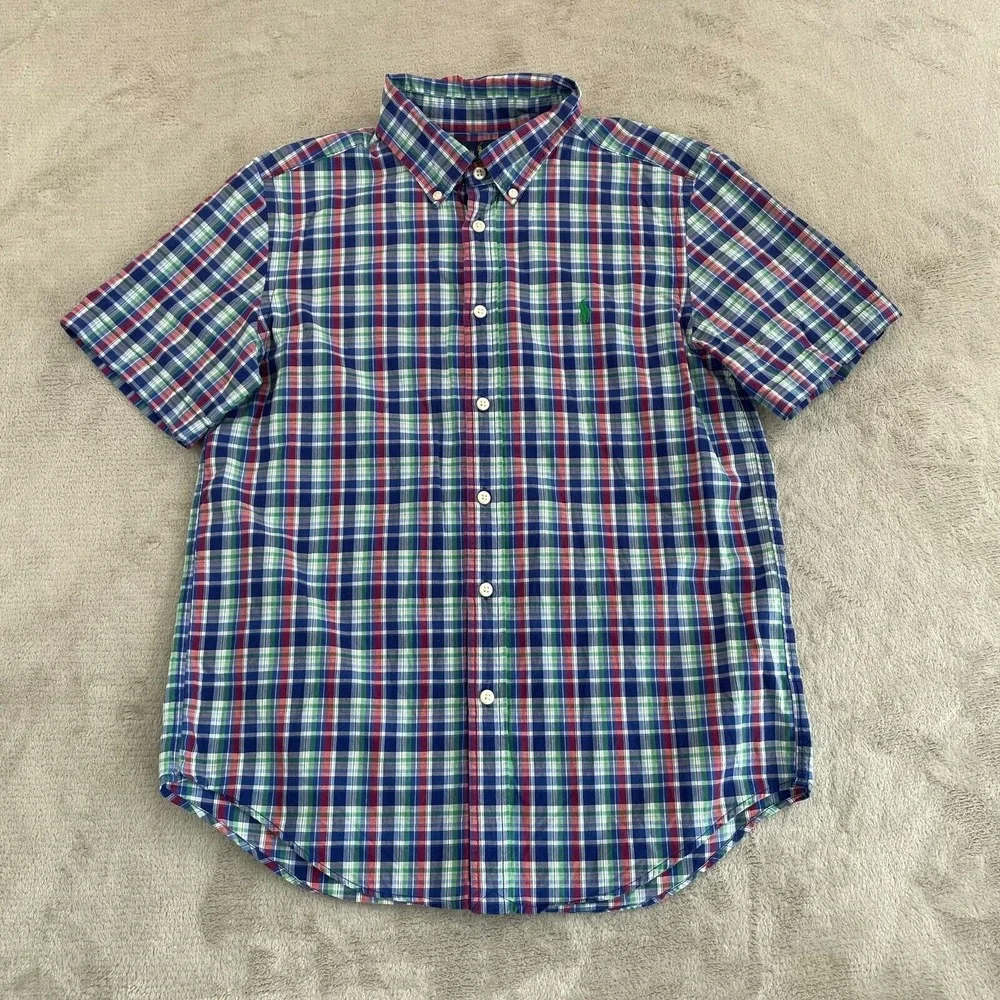 Polo Ralph Lauren Boys Large 14-16 Multi Plaid Madras Short Sleeve‎ Pony Preppy